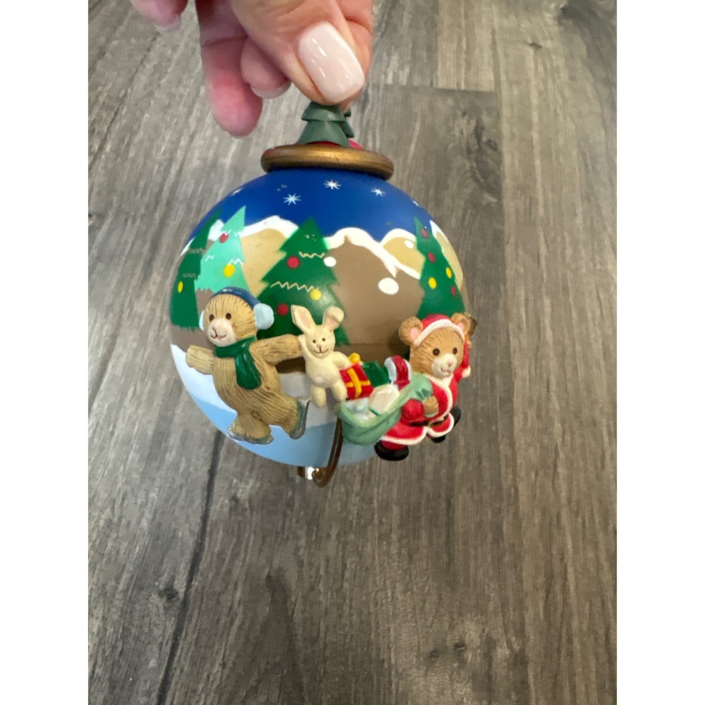 Vintage Hand Painted 3D Christmas Ball Ornament Bears Bunny Winter Scene